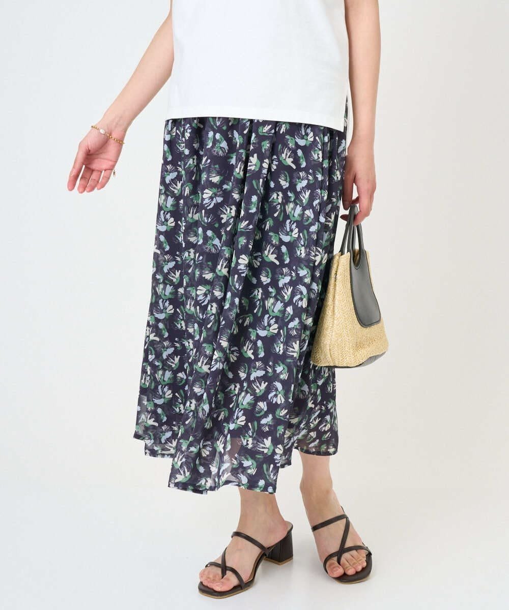 【SALE／30%OFF】MK MICHEL KLEIN（小さいサイズ） 【小さいサイズ】花柄シフォンスカート/洗える/丈の長さが選べる/洗濯機で洗える/セットアップ対応 メゾンドゥサンク スカート その他のスカート ネイビー グリーン【送料無料】
