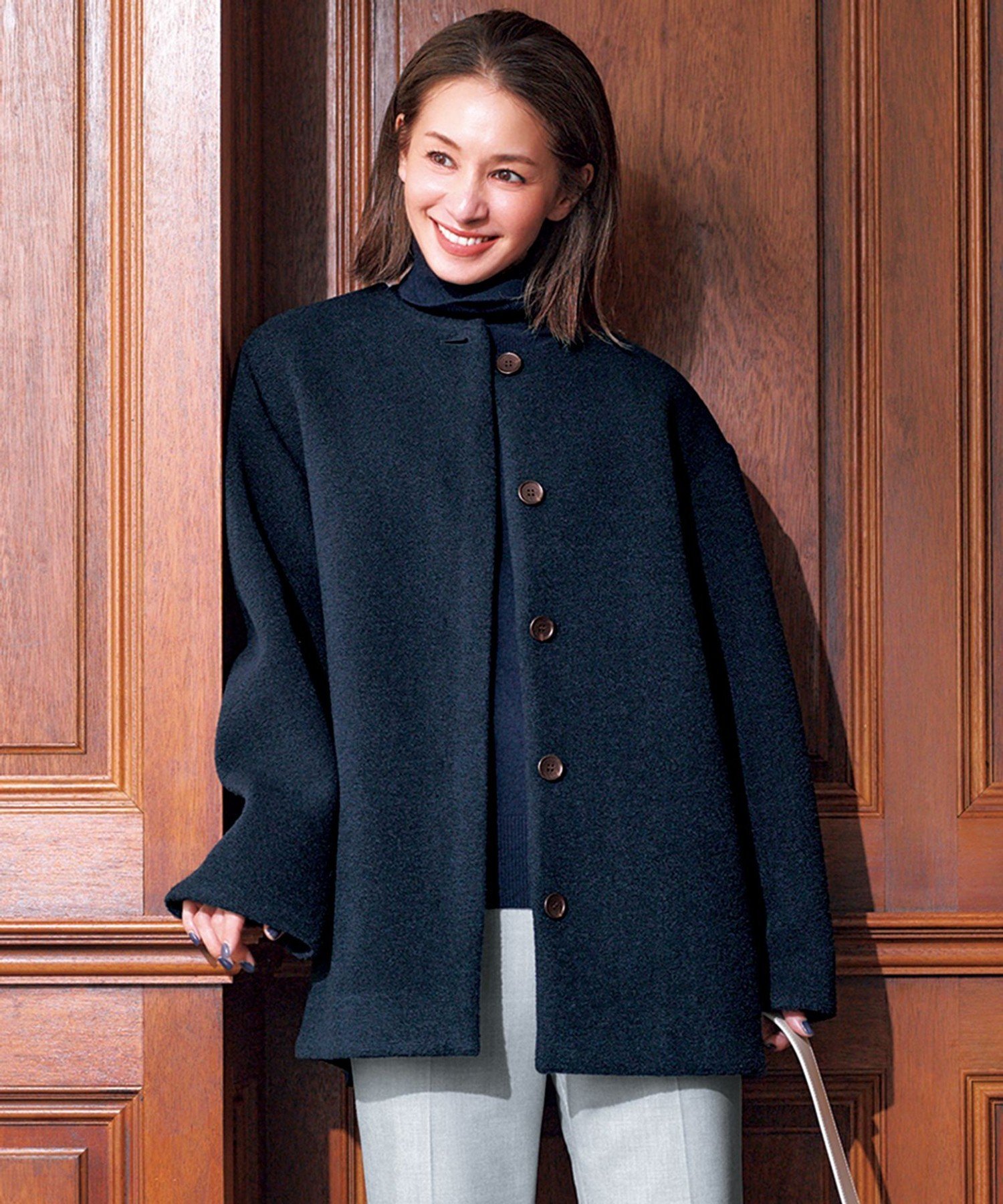 UNFILO L ボンディング フォルムコート アンフィーロ ジャケット・アウター ノーカラージャケット ネイビー グレー【送料無料】のサムネイル