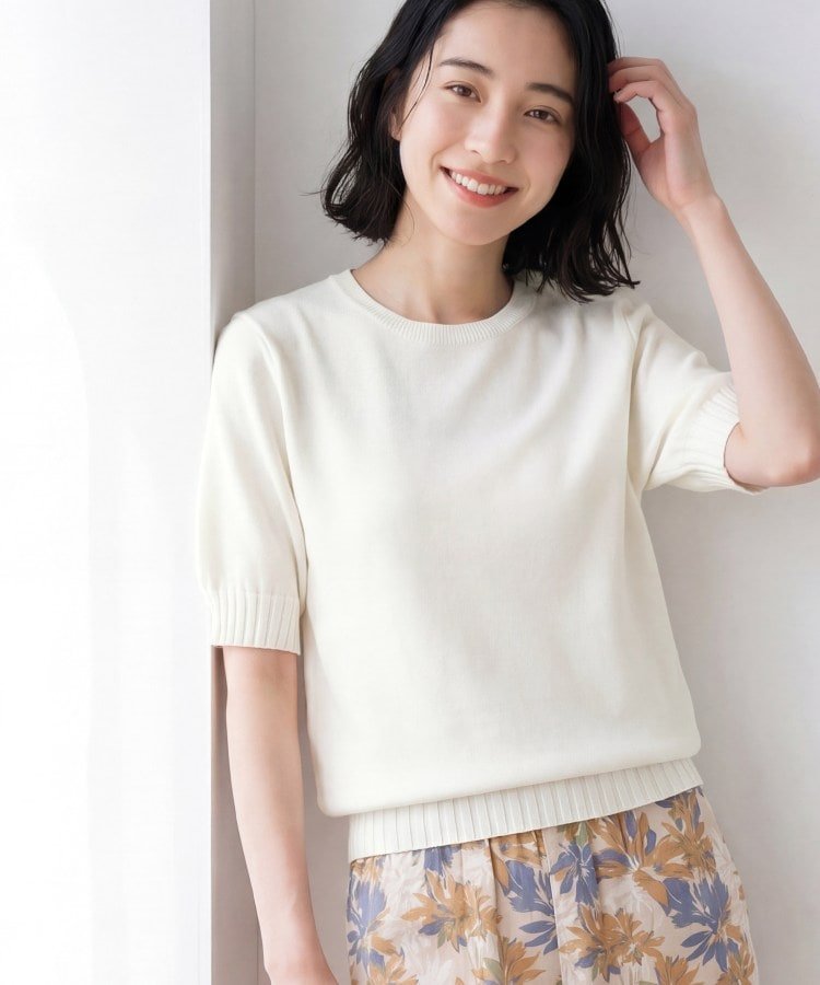 【SALE／55%OFF】Dessin 【洗える】ワイドリブ使いコンパクトニット デッサン トップス ニット ブルー ネイビー ホワイト イエロー