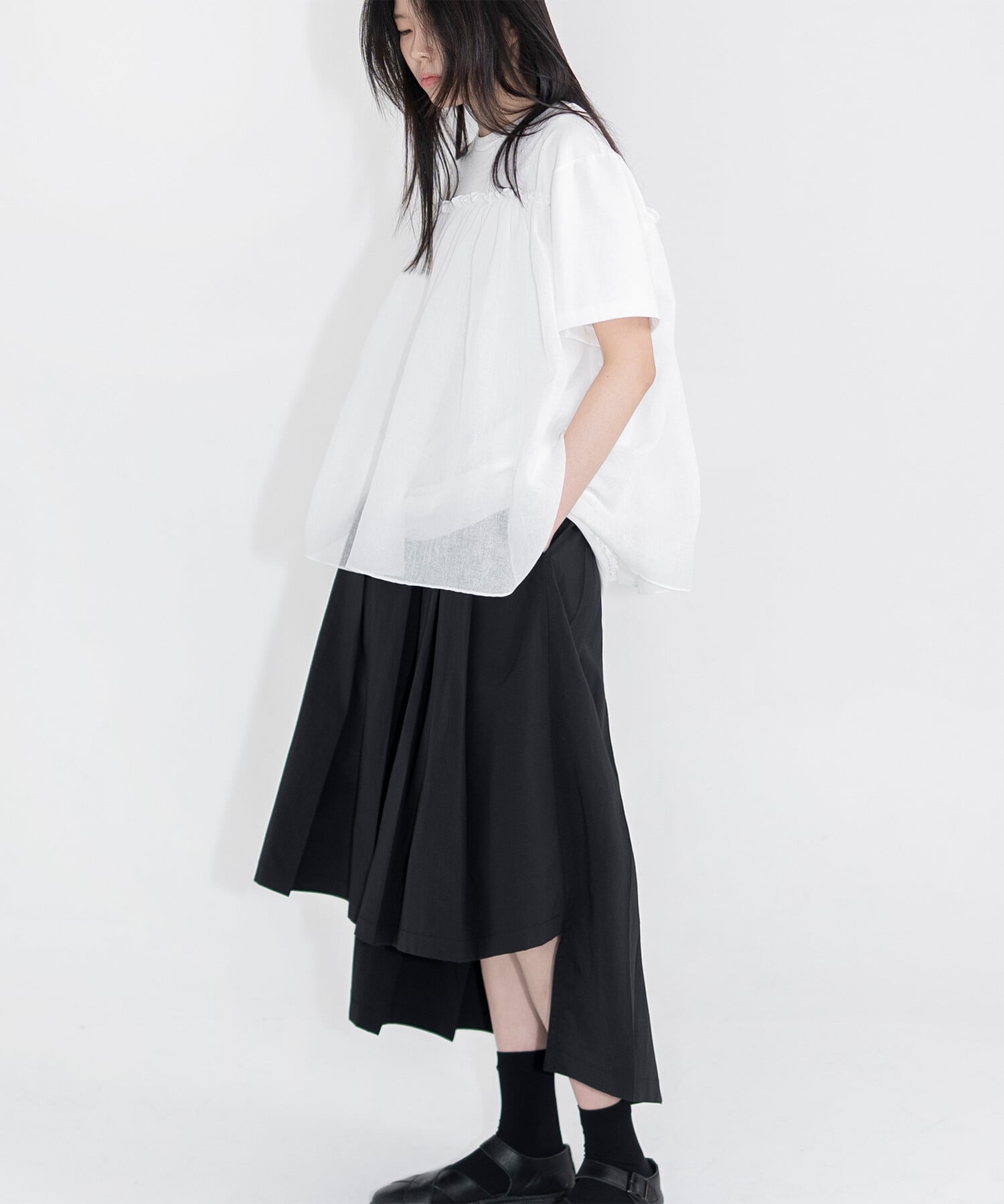 Bshop eunoia｜オーガンジー レイヤードTシャツ WOMEN ビショップ トップス カットソー・Tシャツ ブラック ホワイト