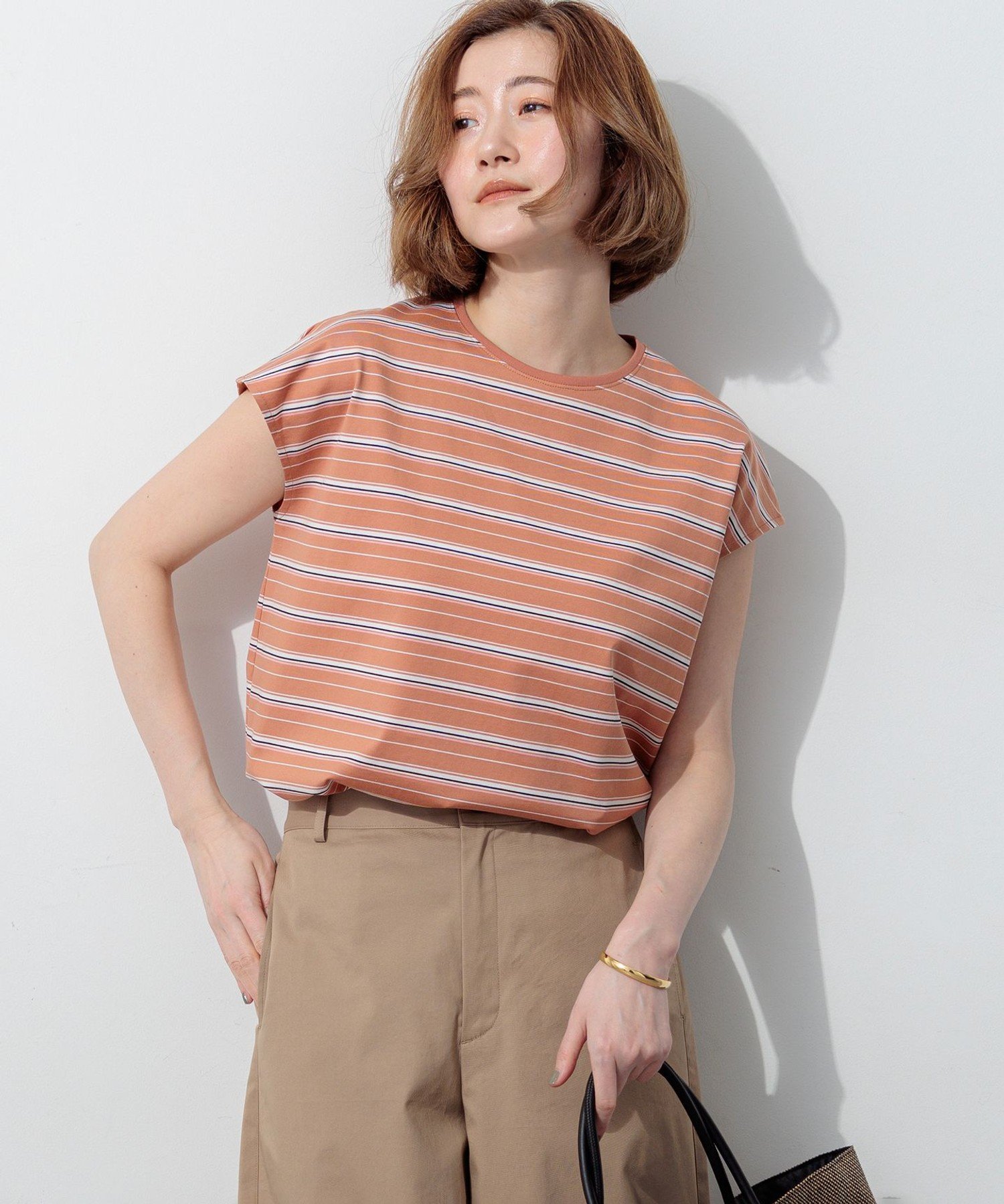 23区 L マルチボーダー フレンチスリーブ カットソー ニジュウサンク トップス カットソー・Tシャツ グレー