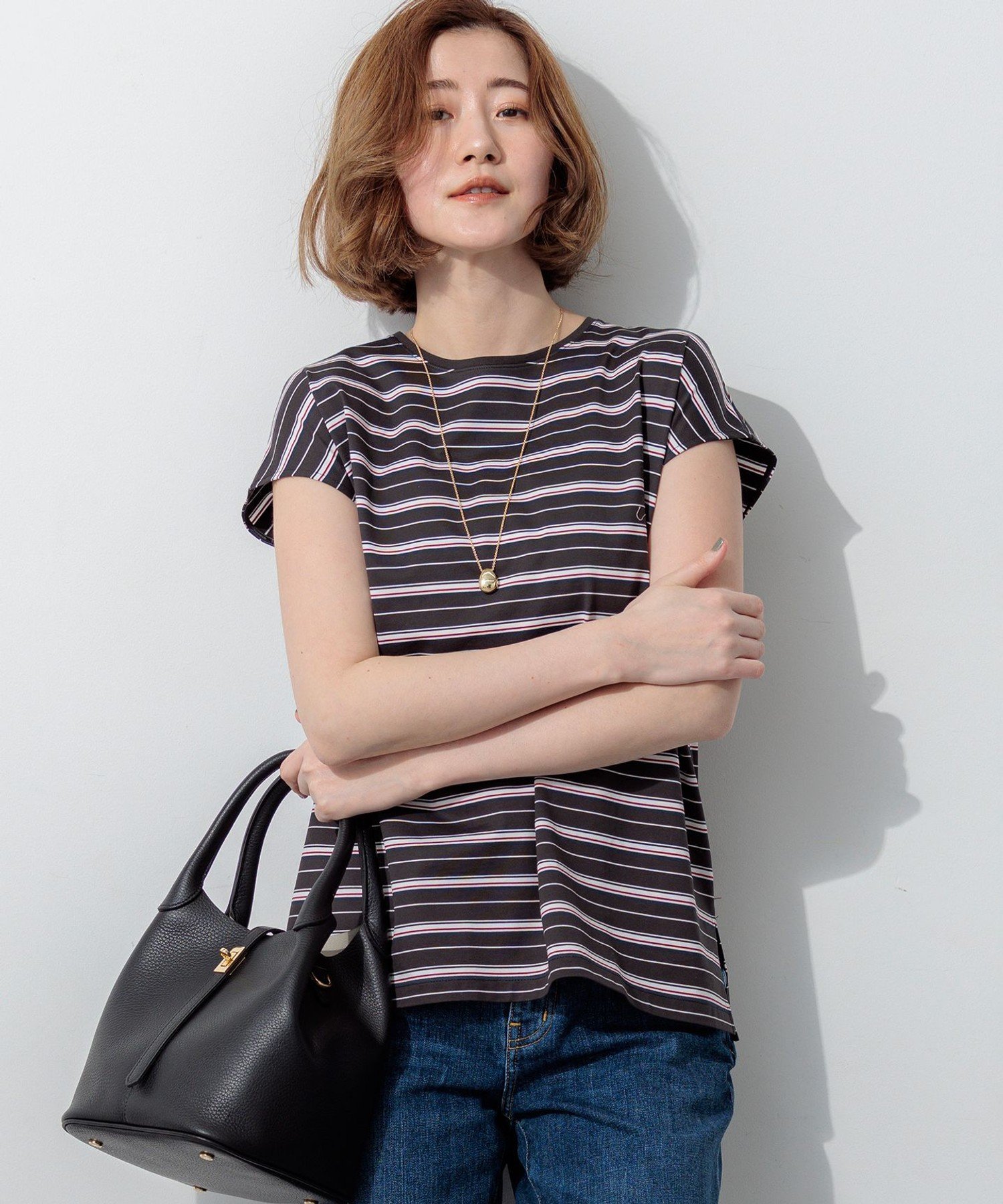 23区 L マルチボーダー フレンチスリーブ カットソー ニジュウサンク トップス カットソー・Tシャツ グレー