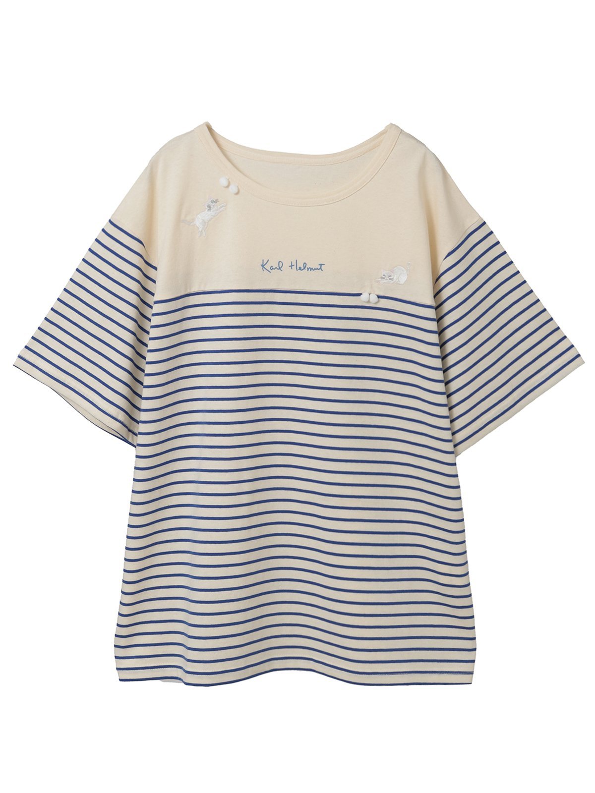 Karl Helmut ボーダー猫刺繍ポンポンつき半袖Tシャツ ピンクハウス トップス カットソー・Tシャツ ホワイト