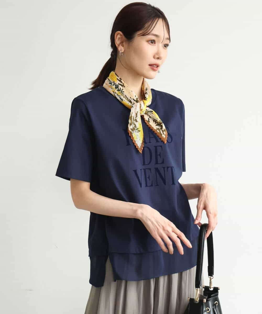 MK MICHEL KLEIN [洗える]シフォン切替えフロッキーロゴTシャツ エムケーミッシェルクラン トップス カットソー・Tシャツ ネイビー ホワイト