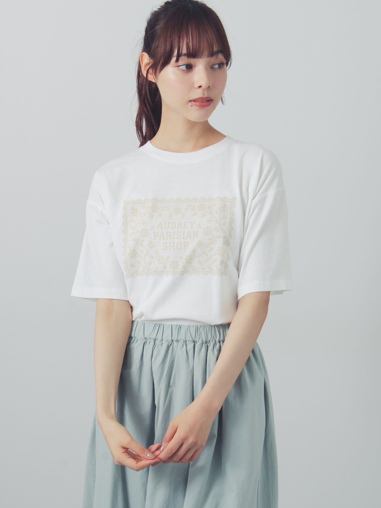 Samansa Mos2 【接触冷感】パーツレース風プリントTシャツ サマンサモスモス トップス カットソー・Tシャツ レッド ホワイト グレー