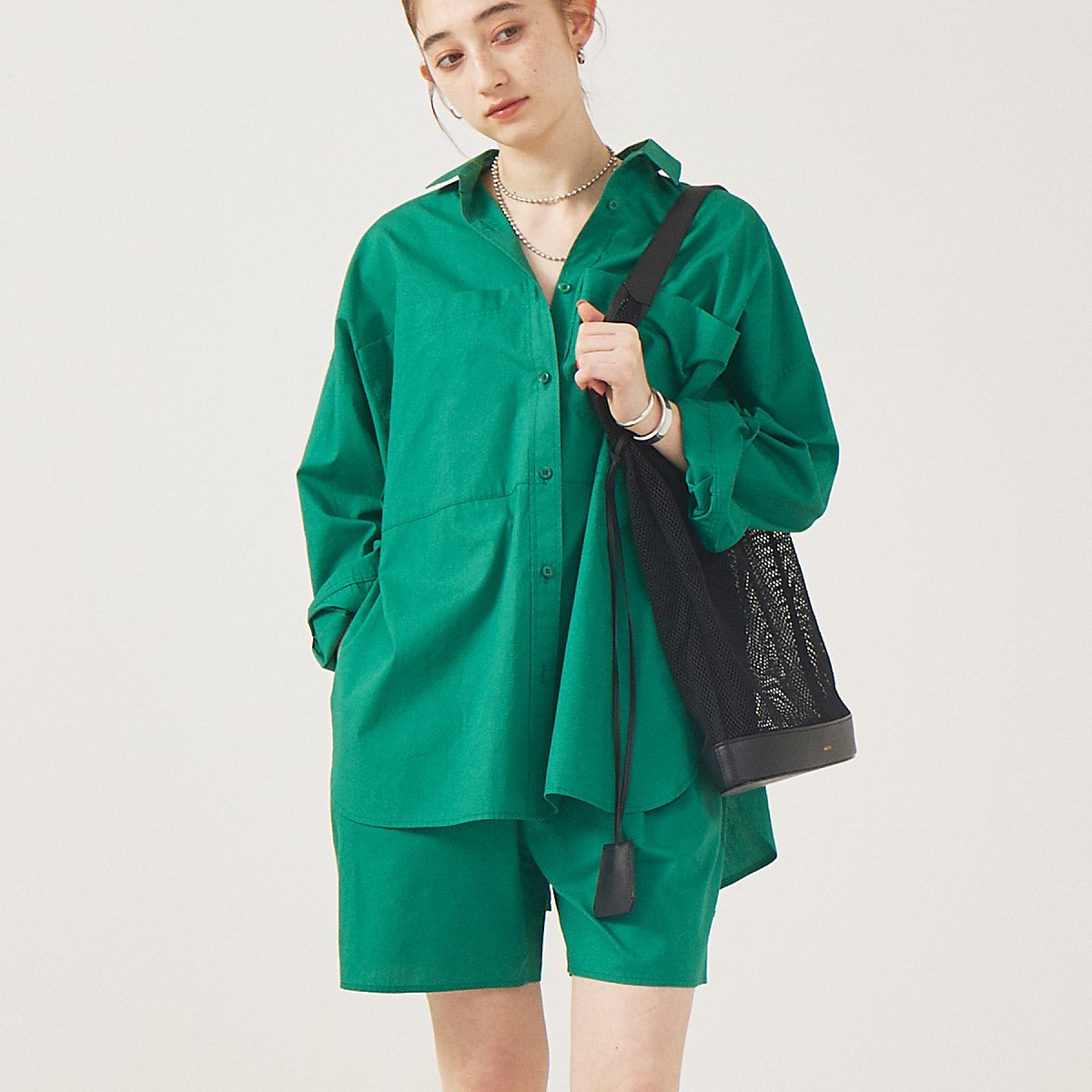 Rouge vif la cle シャツ*ショートパンツセットアップ ルージュ・ヴィフ ラクレ トップス シャツ・ブラウス グリーン グレー