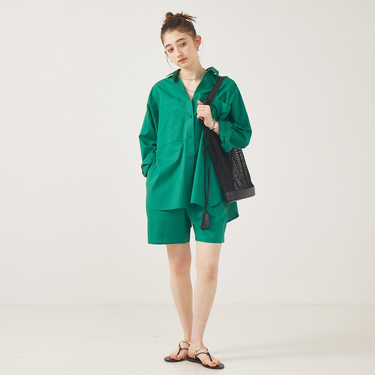 Rouge vif la cle シャツ*ショートパンツセットアップ ルージュ・ヴィフ ラクレ トップス シャツ・ブラウス グリーン グレー