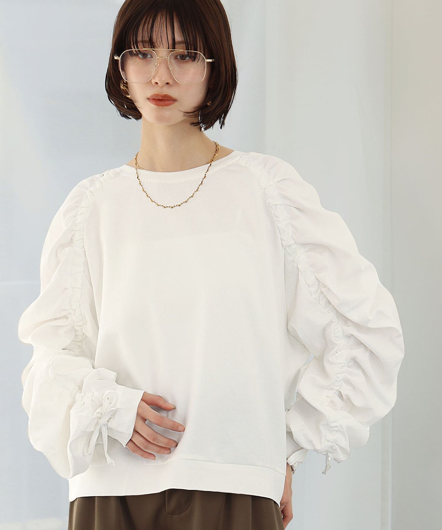 Ampirula シャーリングボリュームスリーブ異素材MIXプルオーバー リバーフィールド アンド コー トップス カットソー・Tシャツ ブラック ホワイト【送料無料】