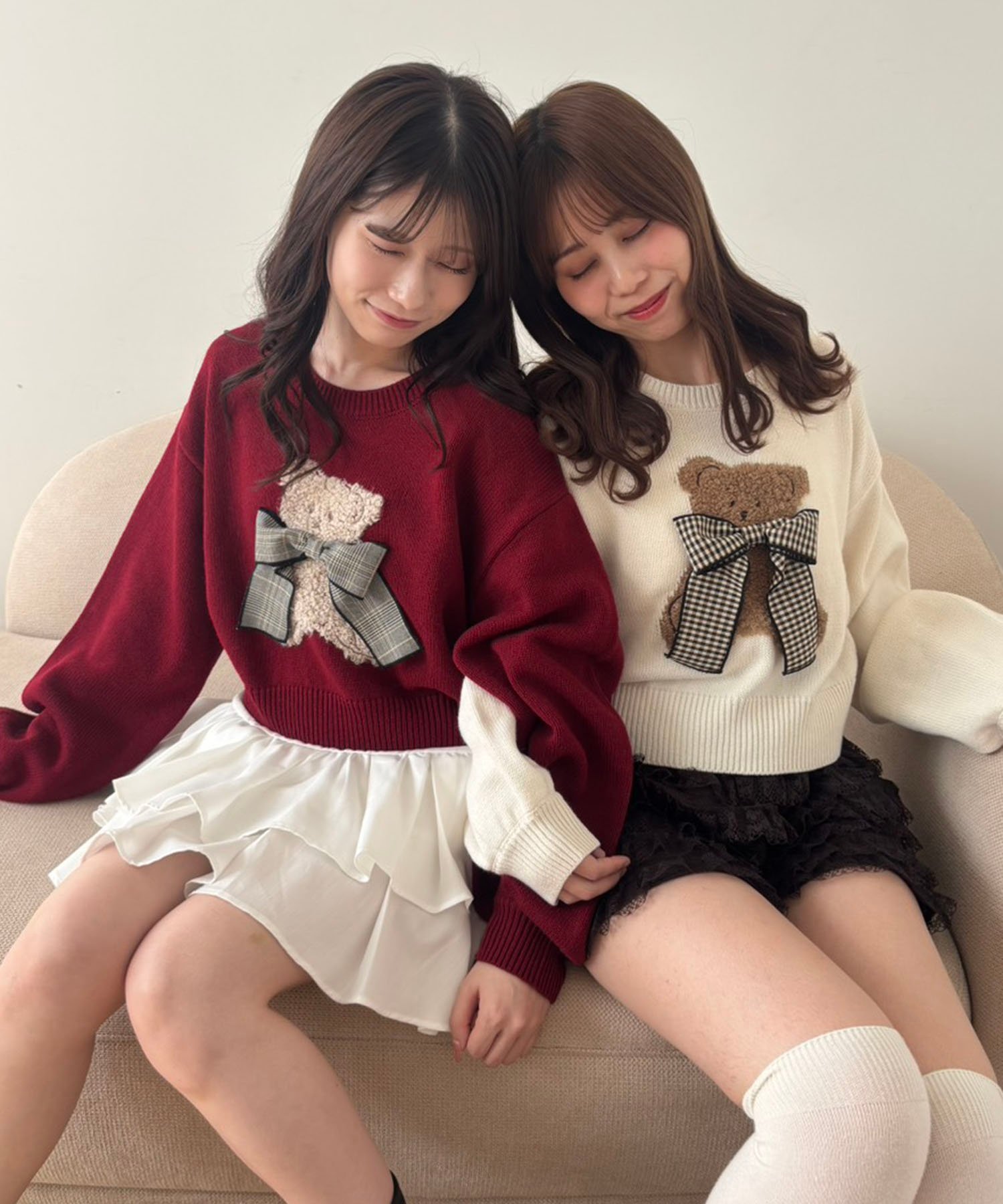 MAJESTIC LEGON リボン付きくまちゃんニット マジェスティックレゴン トップス ニット ネイビー レッド ピンク ホワイト
