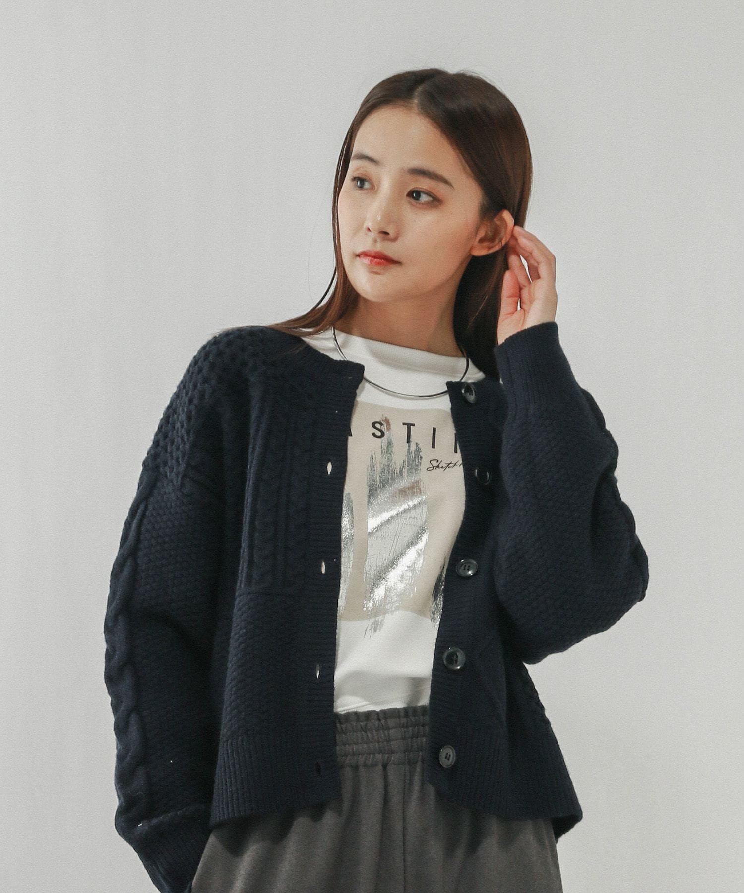 【SALE／40%OFF】GLOBAL WORK パッチワーク風ケーブルカーディガン/608406 グローバルワーク トップス カーディガン グレー ネイビー レッド stylife-15416991 Rakuten Fashion サンプル画像3