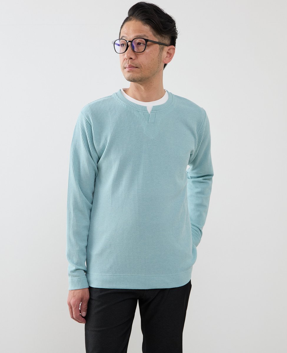 MEN'S MELROSE リンクスストライプカノコ キーネックTシャツ メンズメルローズ トップス カットソー・Tシャツ グリーン ネイビー