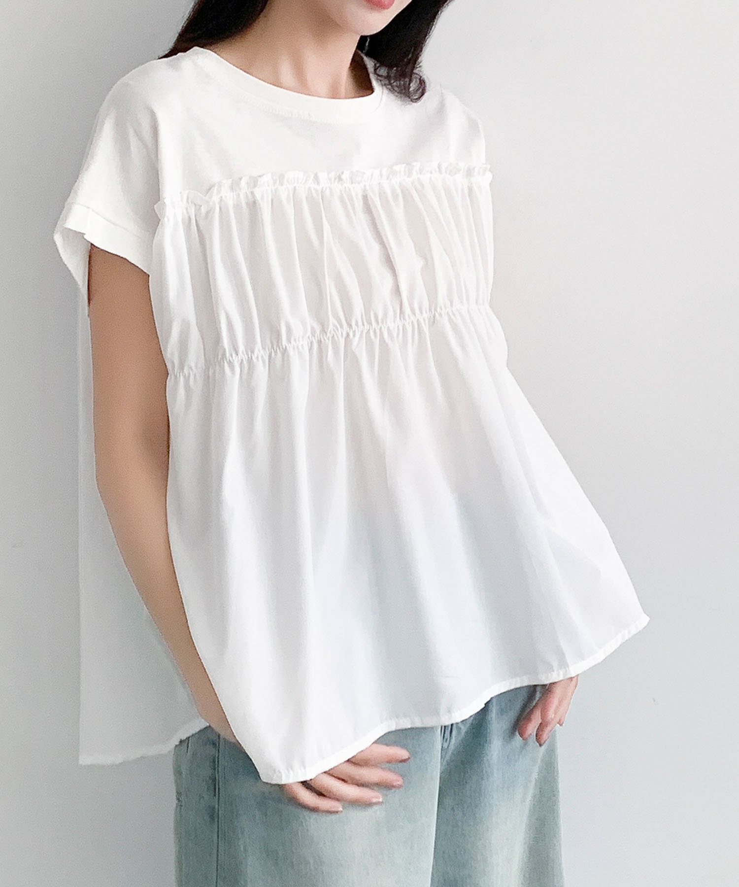 LOWO ドッキングギャザーフレア半袖トップス リバーフィールド アンド コー トップス カットソー・Tシャツ ブラック ホワイト