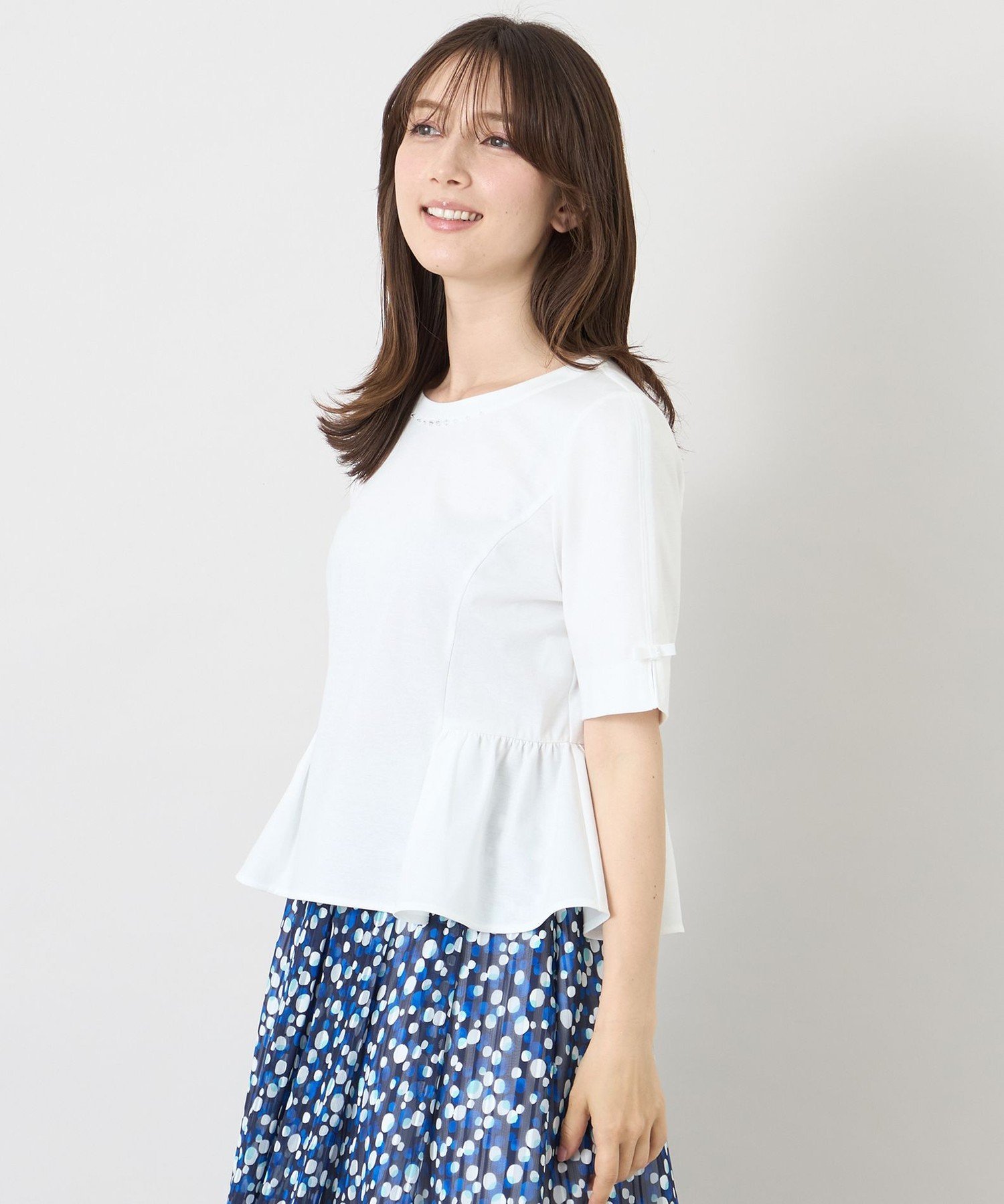 UNTITLED 七分袖 カットソー ネイビー M ビジュー付き 上品 きれいめ 
