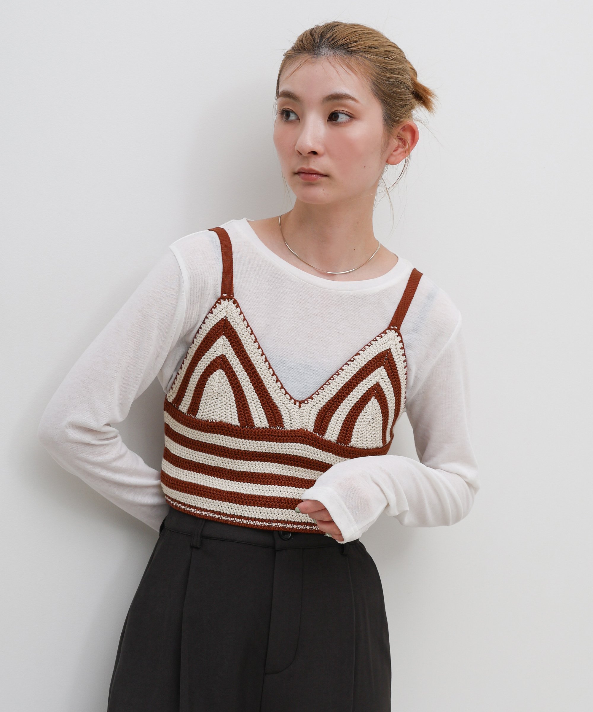 【SALE／40%OFF】SELECT MOCA メッシュ編みボーダービスチェ セレクトモカ トップス キャミソール