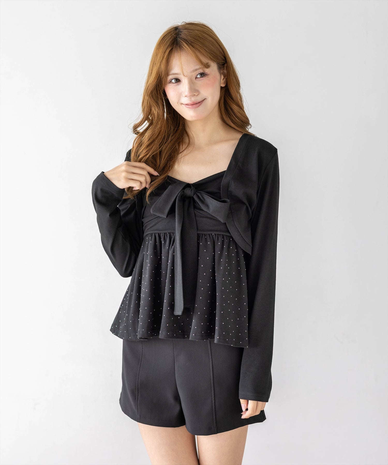 【SALE／7%OFF】clear ラインストーンフロントリボンビスチェ&カットボレロセット クリア トップス アンサンブル ブラック