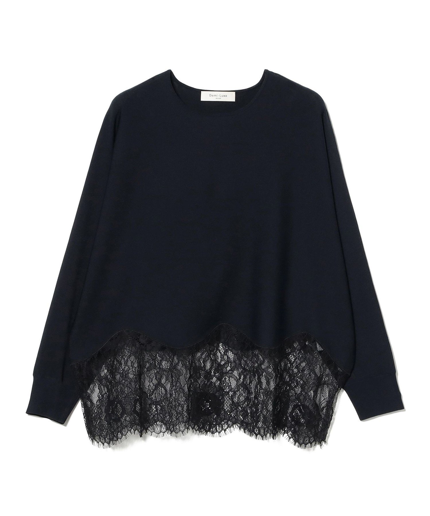 Demi-Luxe BEAMS レースヘム クルーネック ニットプルオーバー デミルクス ビームス トップス ニット ネイビー【送料無料】