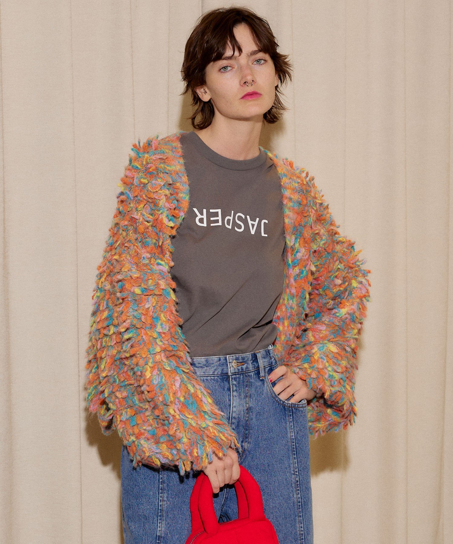 MAISON SPECIAL かすりループニットカーディガン メゾンスペシャル トップス カーディガン オレンジ ホワイト ピンク【送料無料】のサムネイル