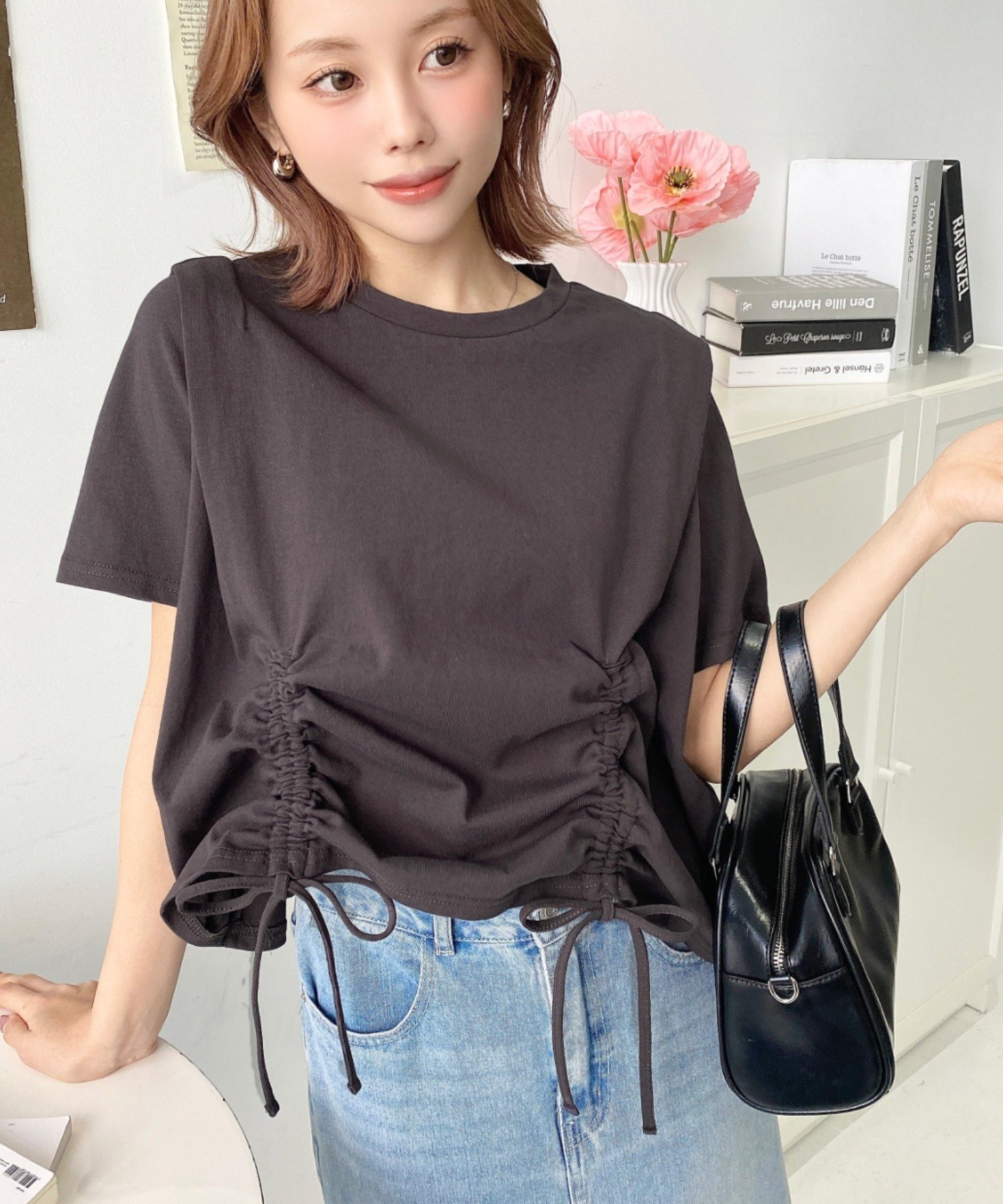 moment+ タックショルダー半袖ドロストTシャツ モーメントプラス トップス カットソー・Tシャツ ブラック グレー ホワイトのサムネイル