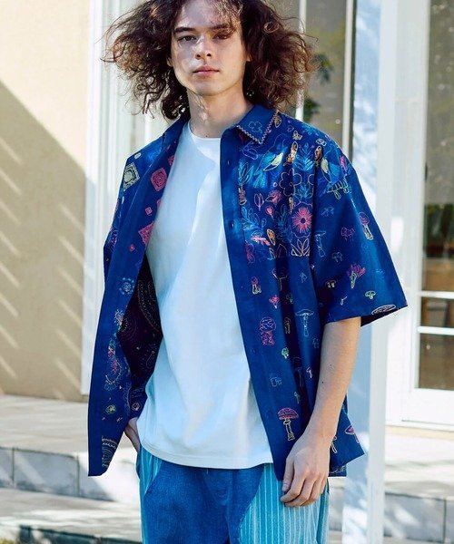 LINEN/COTTONスクエア刺繍半袖シャツ (MENS/WOMENS) ゴースローキャラバン トップス シャツ・ブラウス ベージュ ネイビー