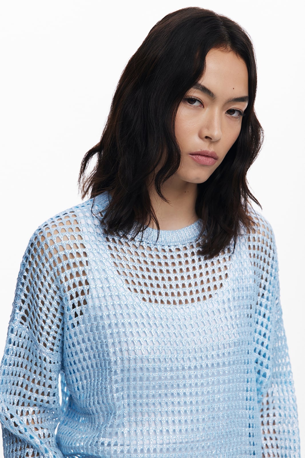 メタリック透かし編み薄手セーター ニット ブルー デシグアル トップス ニット ブルー