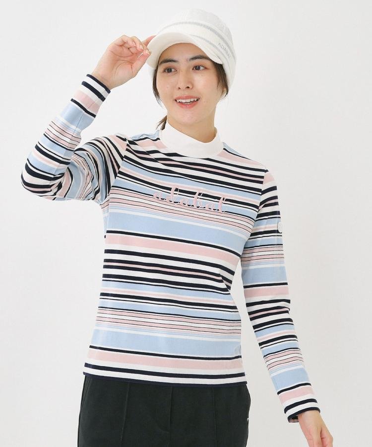 【吸湿発熱】マルチボーダー長袖モックネックT アダバット トップス カットソー・Tシャツ ホワイト ネイビー