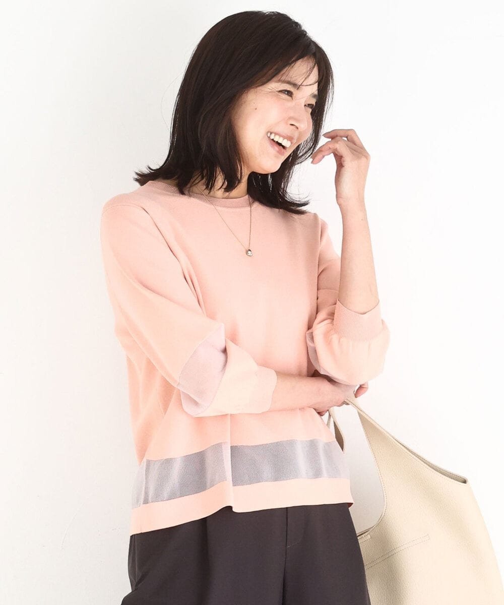 MK MICHEL KLEIN [洗える]シアー切替えニット エムケーミッシェルクラン トップス ニット ブラウン オレンジ ホワイト