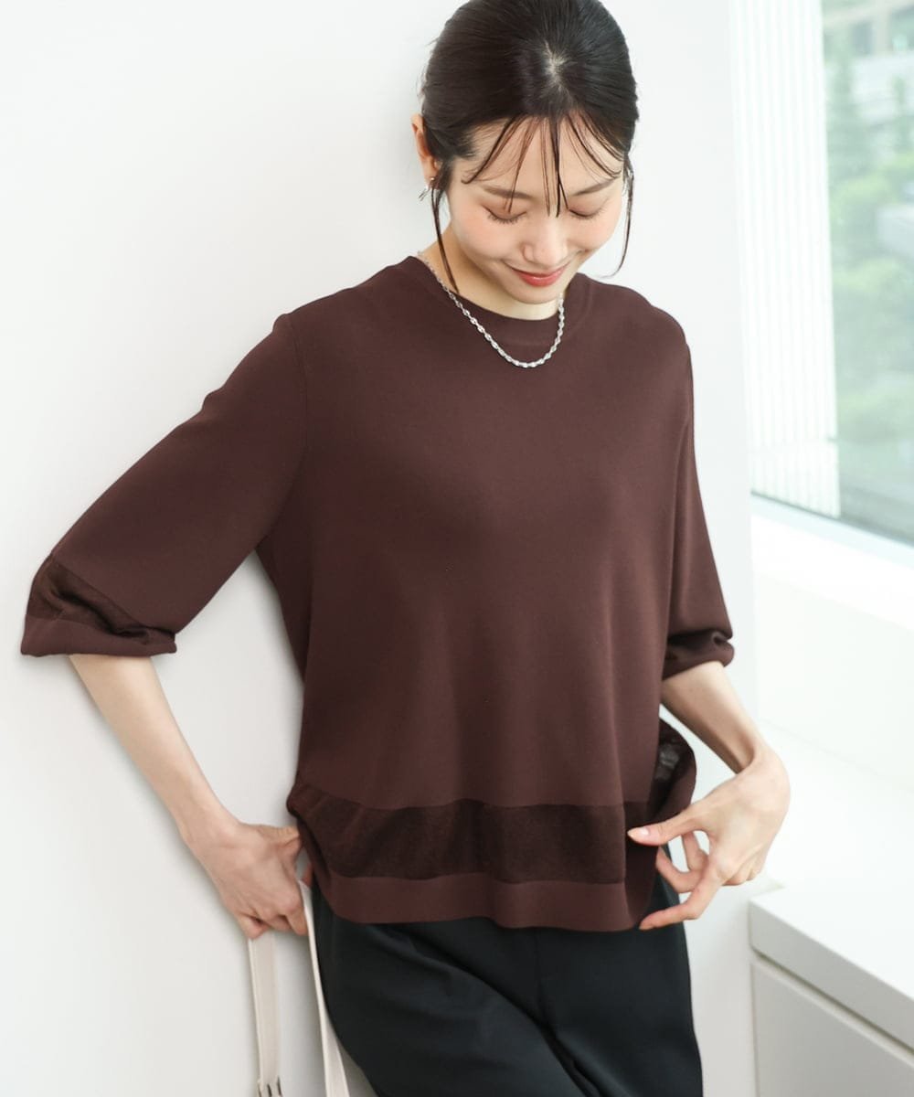 【SALE／30%OFF】MK MICHEL KLEIN [洗える]シアー切替えニット エムケーミッシェルクラン トップス ニット ブラウン オレンジ ホワイト【送料無料】
