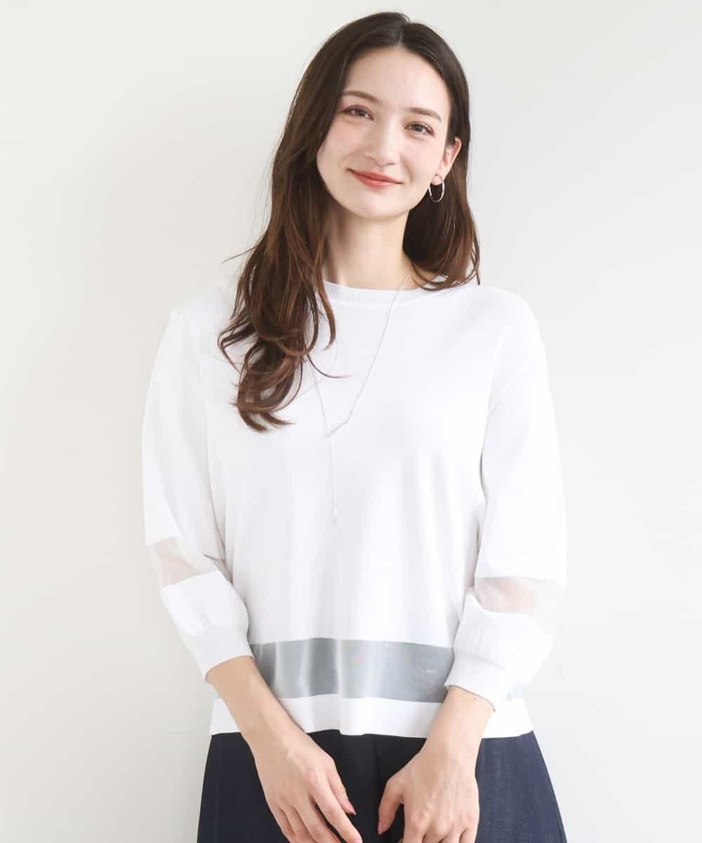 MK MICHEL KLEIN [洗える]シアー切替えニット エムケーミッシェルクラン トップス ニット ブラウン オレンジ ホワイト