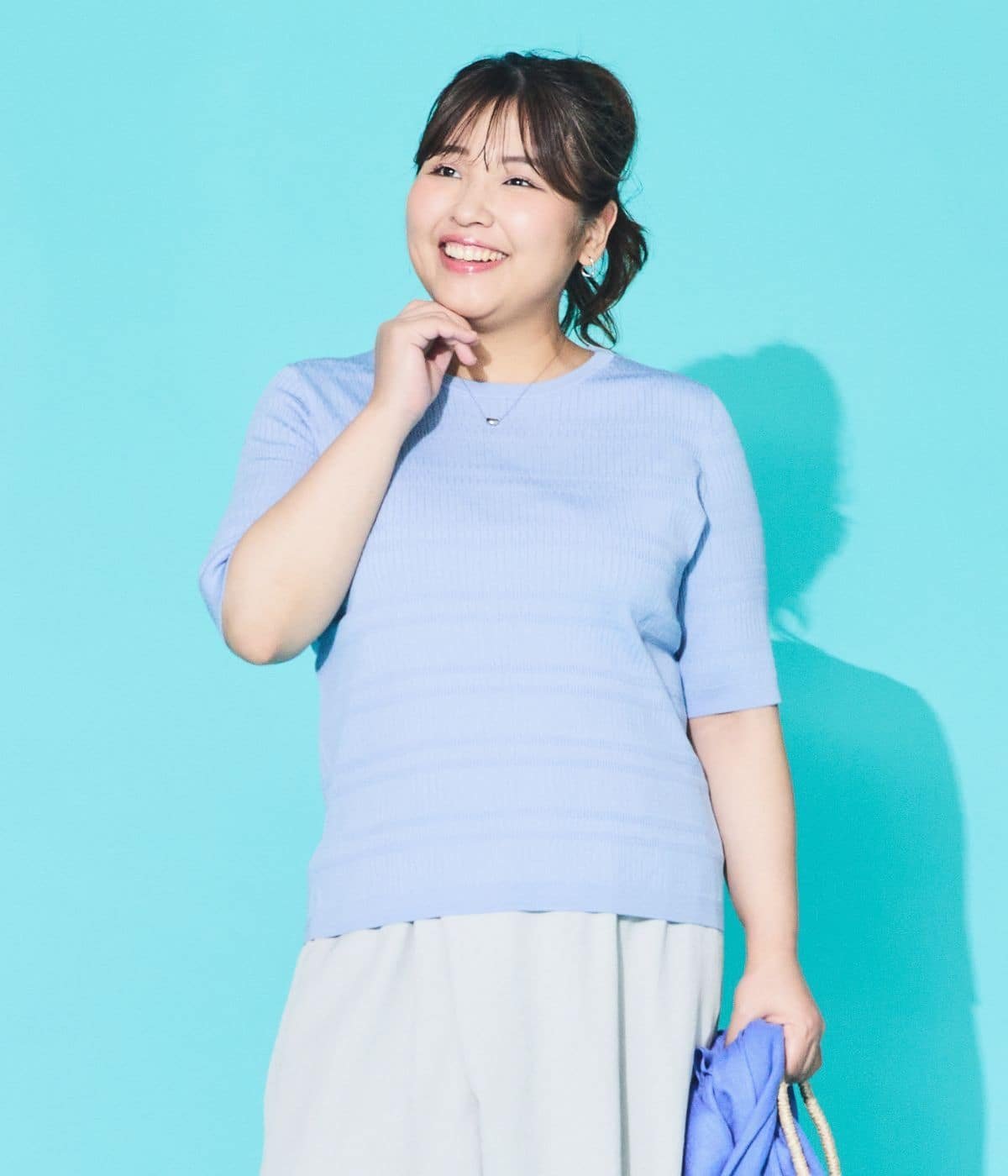 NEWYORKER WOMEN L-SIZE 【L】セルロースポリエステル リブクルーネック5分袖プルオーバー ニューヨーカー エルサイズ トップス ニット ブルー