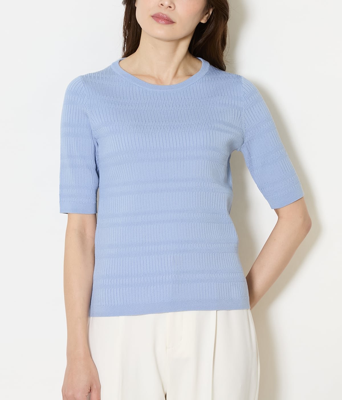 NEWYORKER WOMEN L-SIZE 【L】セルロースポリエステル リブクルーネック5分袖プルオーバー ニューヨーカー エルサイズ トップス ニット ブルー