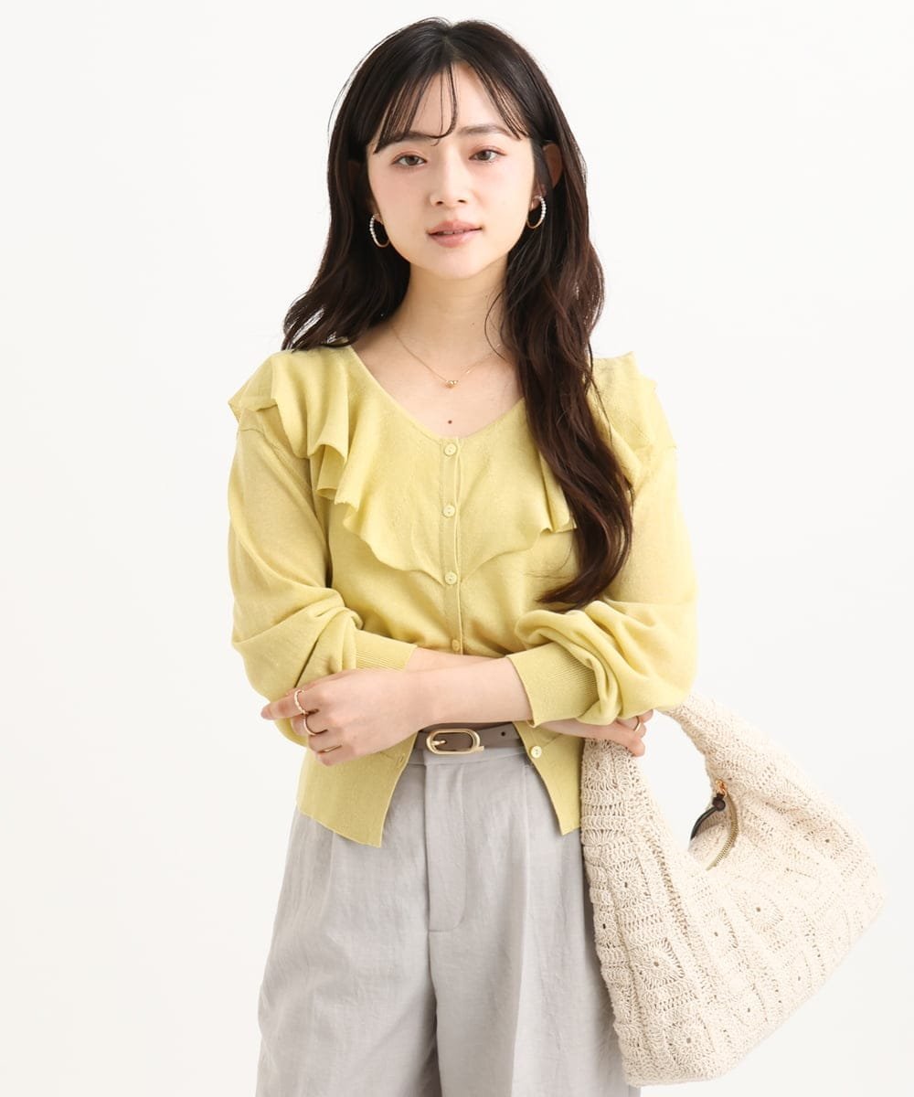 【SALE／30%OFF】MK MICHEL KLEIN（小さいサイズ） 【小さいサイズ】ラッフルフリルデザインカーディガン/接触冷感/UVカット/洗える メゾンドゥサンク トップス カーディガン ネイビー イエロー【送料無料】