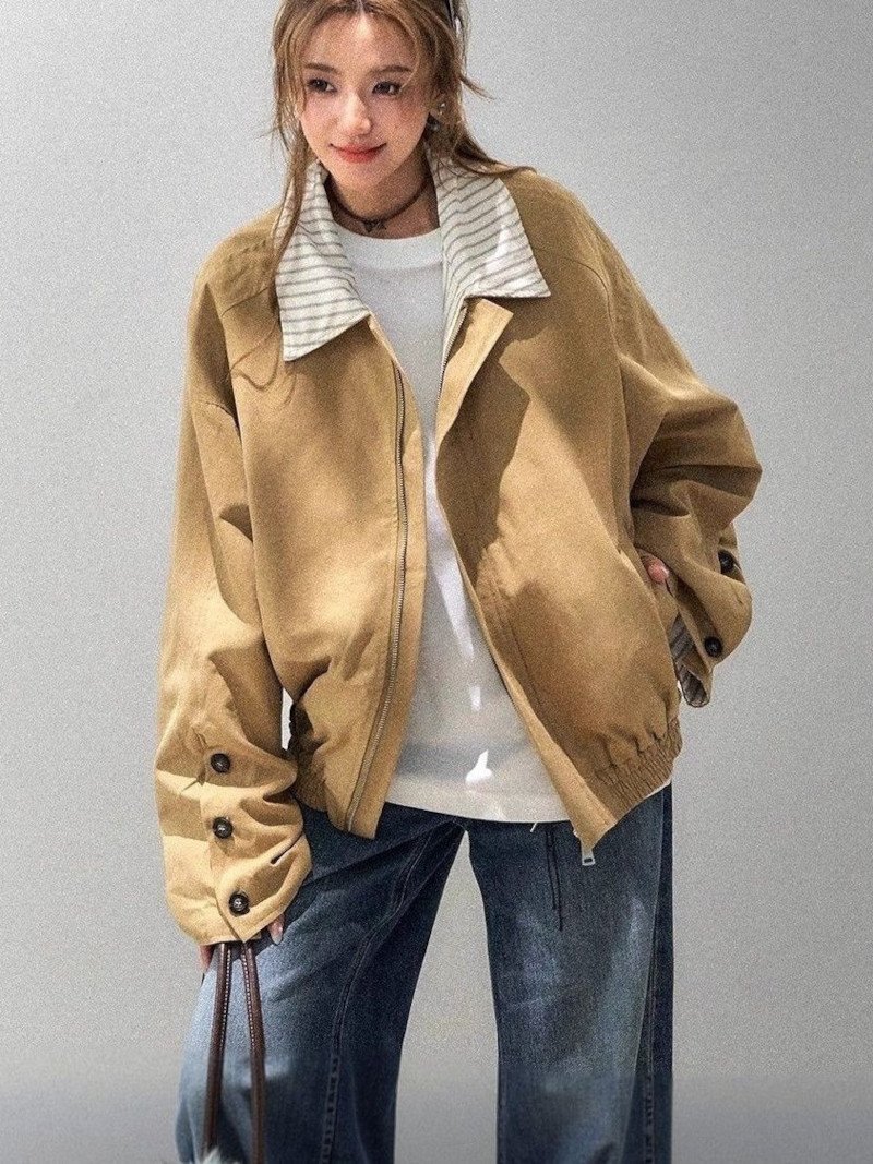 【SALE／10%OFF】LADY LIKE ストライプ衿ゆったりスイングトップブルゾン ディアベル ジャケット・アウター ブルゾン・ジャンパー ベージュ【送料無料】