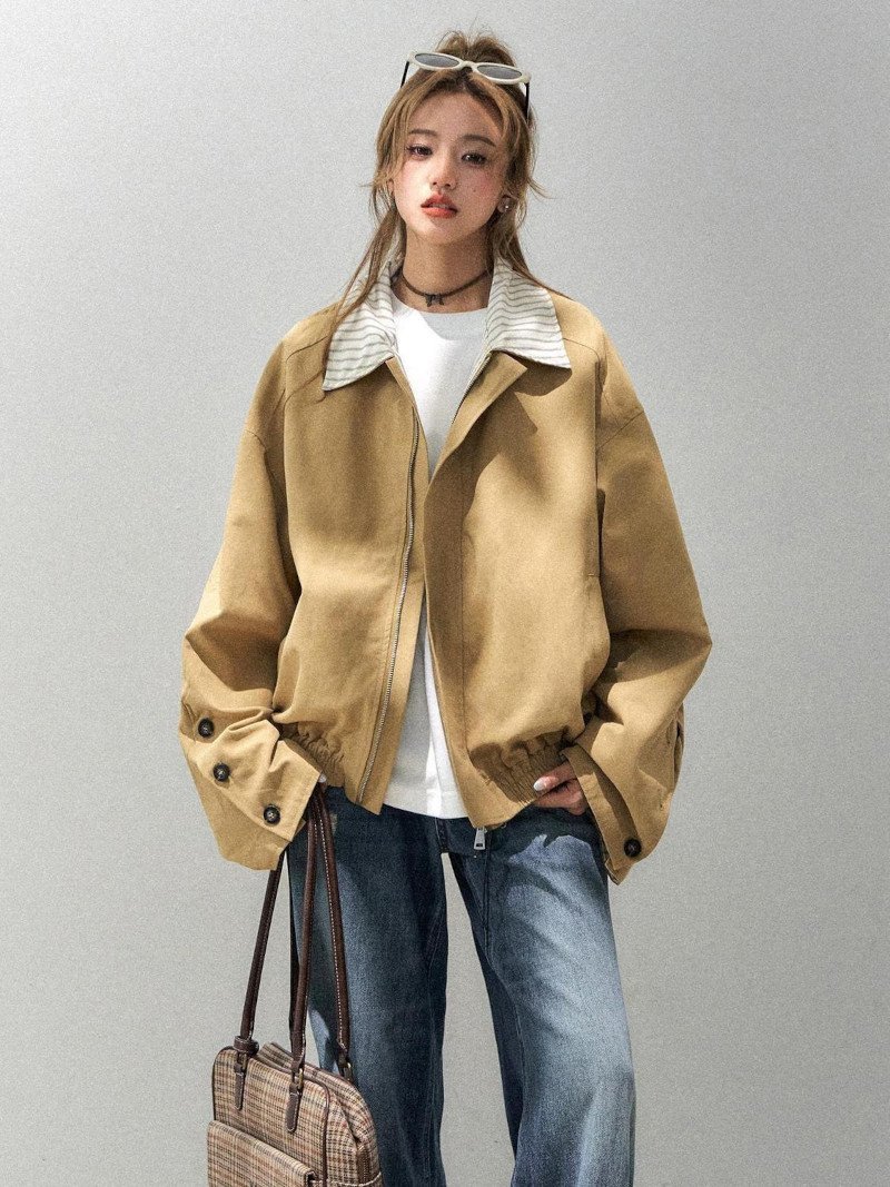 【SALE／10%OFF】LADY LIKE ストライプ衿ゆったりスイングトップブルゾン ディアベル ジャケット・アウター ブルゾン・ジャンパー ベージュ【送料無料】