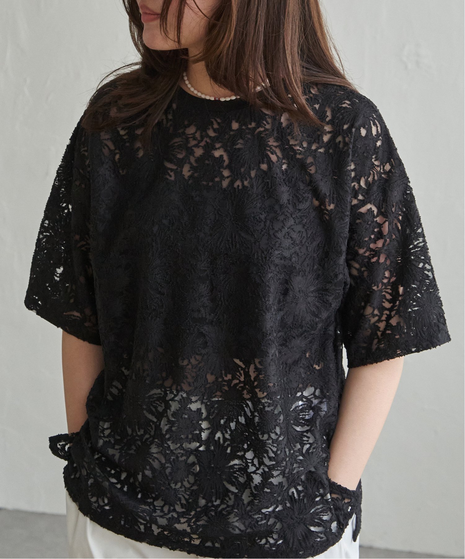VENCE share style Ladys シアーレース半袖プルオーバー ヴァンス エクスチェンジ トップス その他のトップス ブラウン ブラック ホワイト イエロー