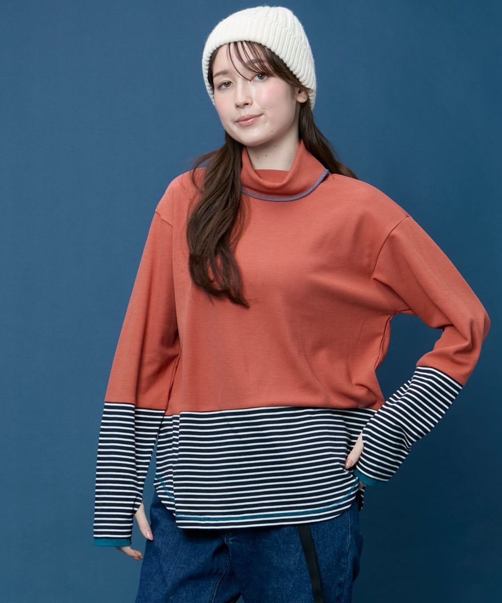 KRIFF MAYER (W)ボーダー切替ハイネック ロンT 長袖Tシャツ クリフメイヤー トップス カットソー・Tシャツ グレー オレンジ ホワイト ネイビー