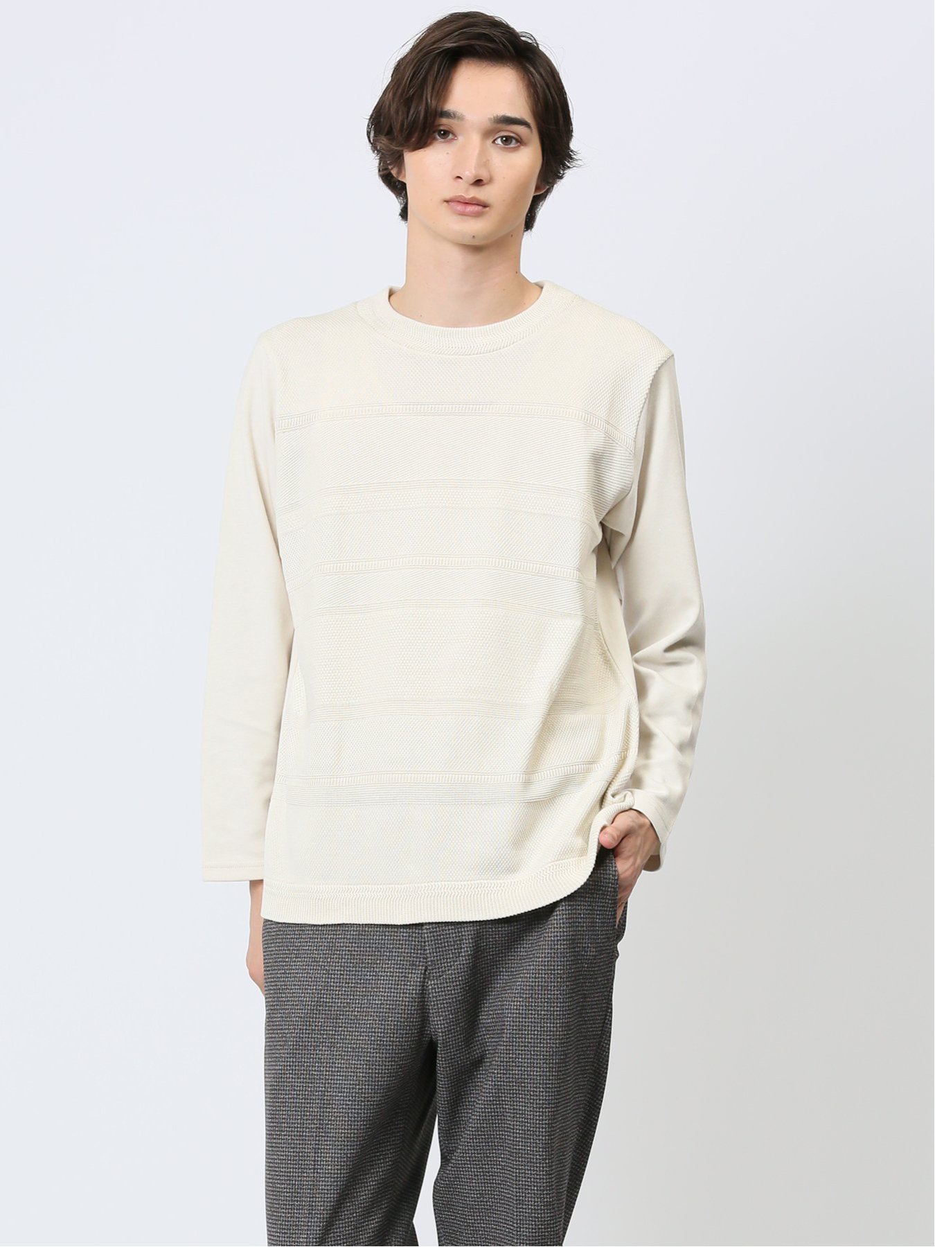 【SALE／50%OFF】TAKA-Q ハイブリッド クルーネック長袖Tシャツ タカキュー トップス カットソー・Tシャツ ネイビー ブラック ホワイト