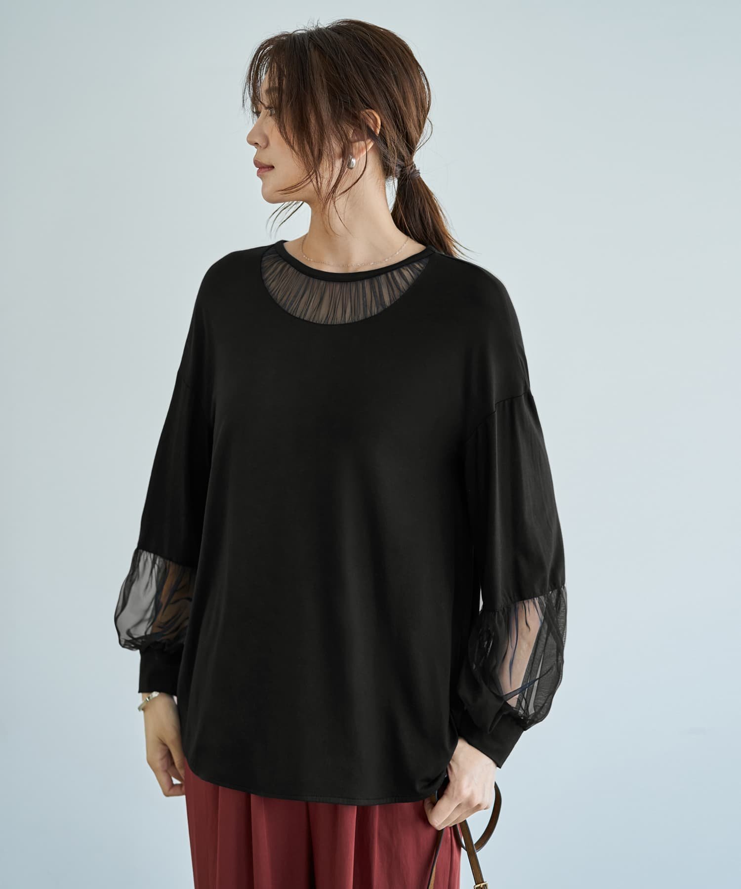 STYLE DELI 【Made in JAPAN】部分チュールのとろけるカットソートップス スタイルデリ トップス カットソー・Tシャツ グレー ブラック ホワイト【送料無料】のサムネイル