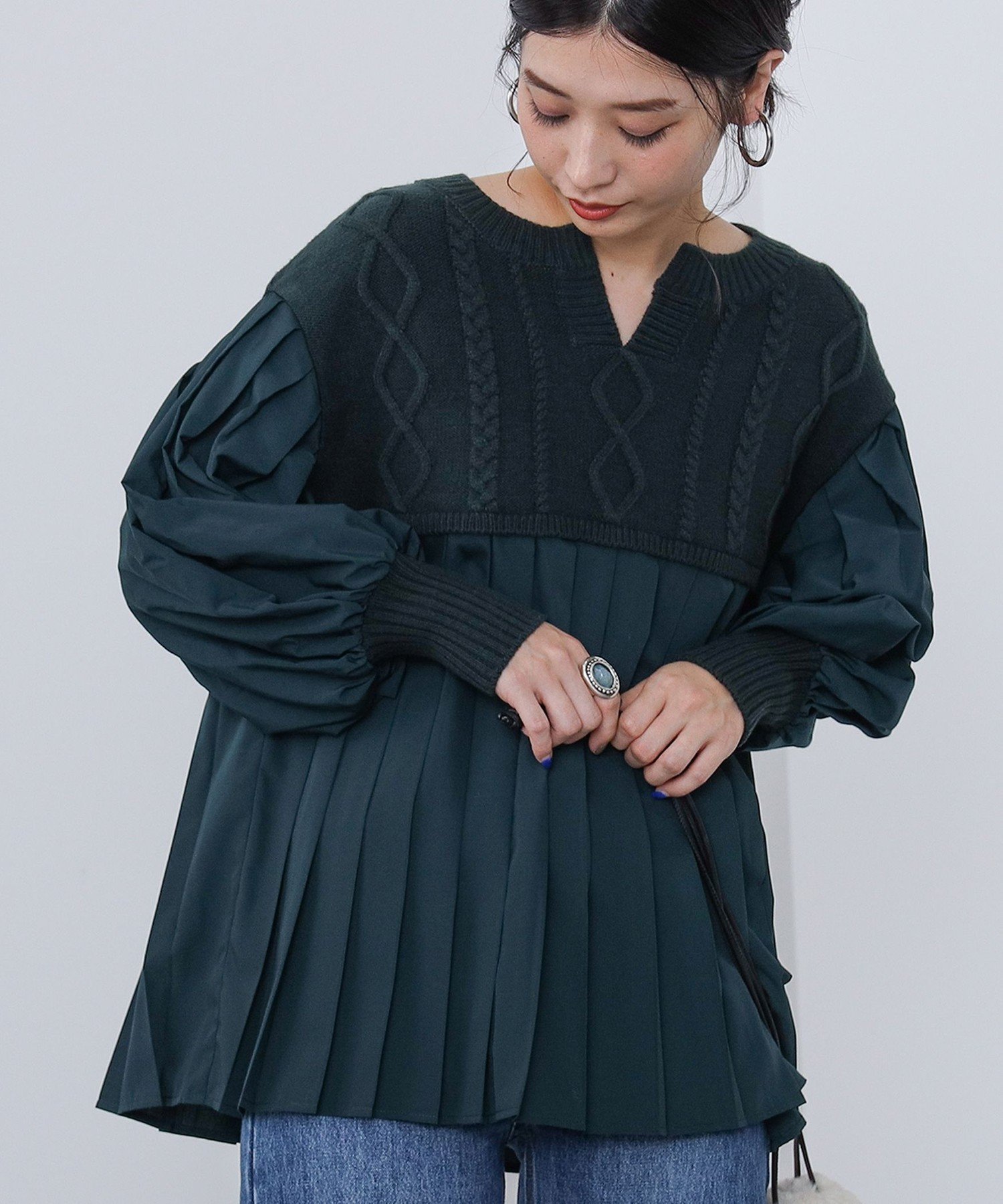 【SALE／70%OFF】BEAMS HEART WOMEN ニット コンビ異素材 プルオーバー ロングシーズン ビームス アウトレット トップス ニット ネイビー ホワイト グリーンのサムネイル