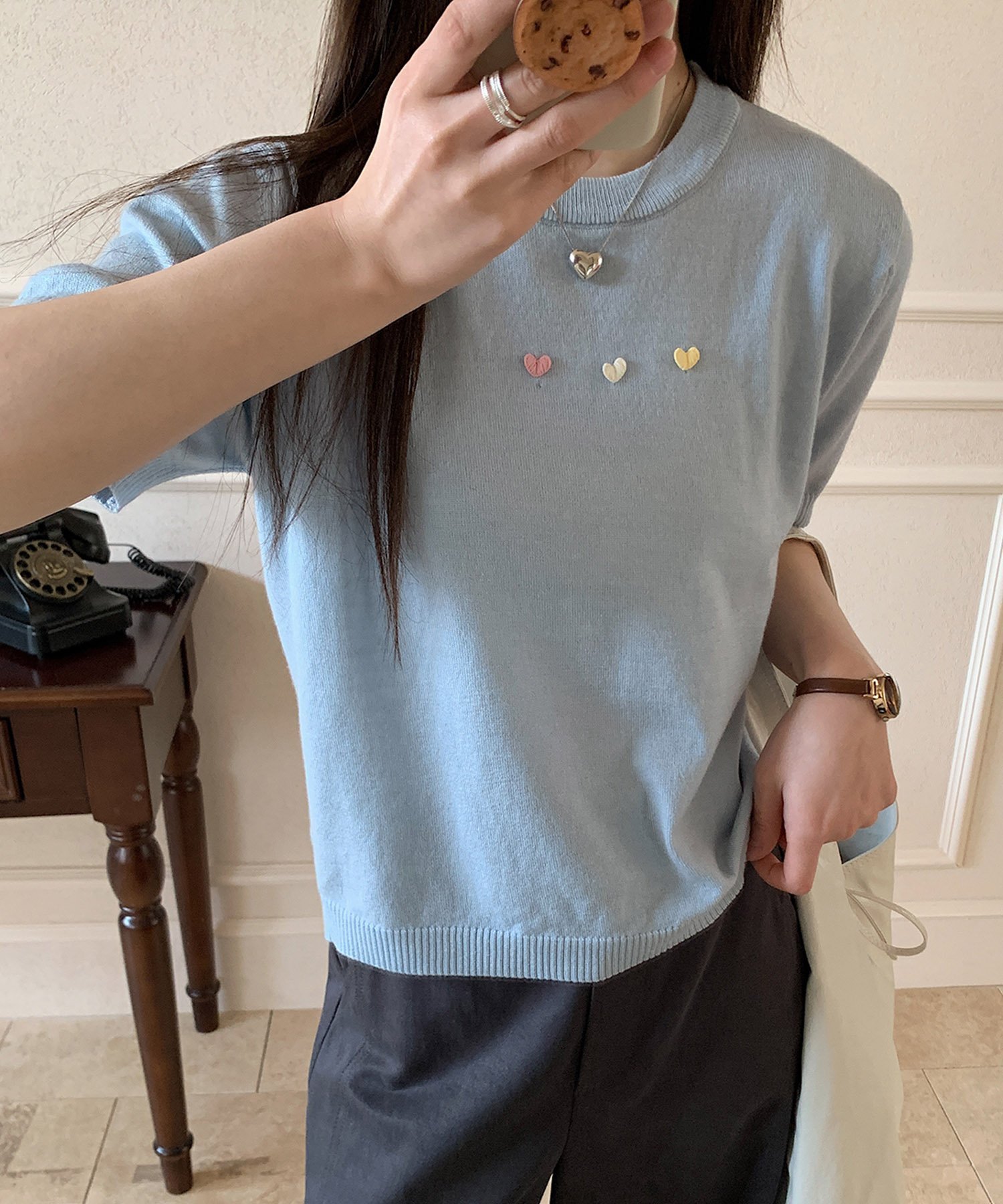 【SALE/75%OFF】BANICO 【BANICO】カラーハート付き半袖ニットトップス アイモハ トップス ニット グレー ネイビー ベージュ ピンク ブル...