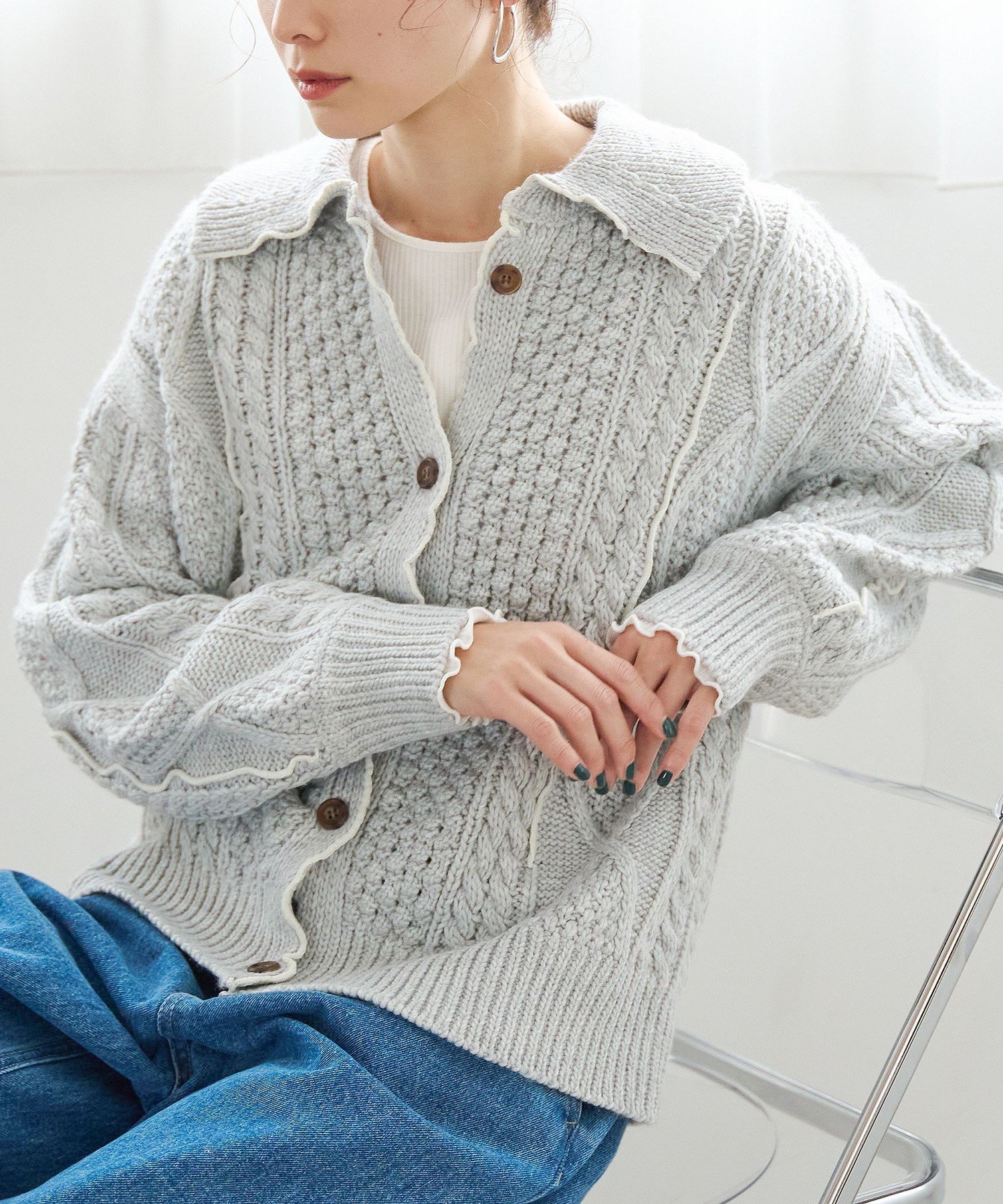 coen 配色メローケーブル編みニットカーディガン コーエン トップス カーディガン グレー レッド ホワイト【送料無料】