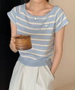 【SALE/30%OFF】BANICO 【BANICO】ボーダー柄ボートネック半袖ニットトップス アイモハ トップス ニット グレー ネイビー ベージュ ブルー(4)