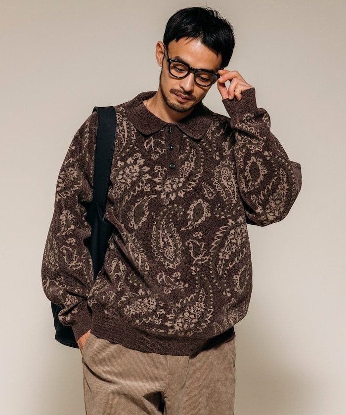 【SALE／20%OFF】FREAK'S STORE ペイズリー総柄 モール糸 ポロニット 25AW フリークスストア トップス ニット ベージュ グリーン【送料無料】