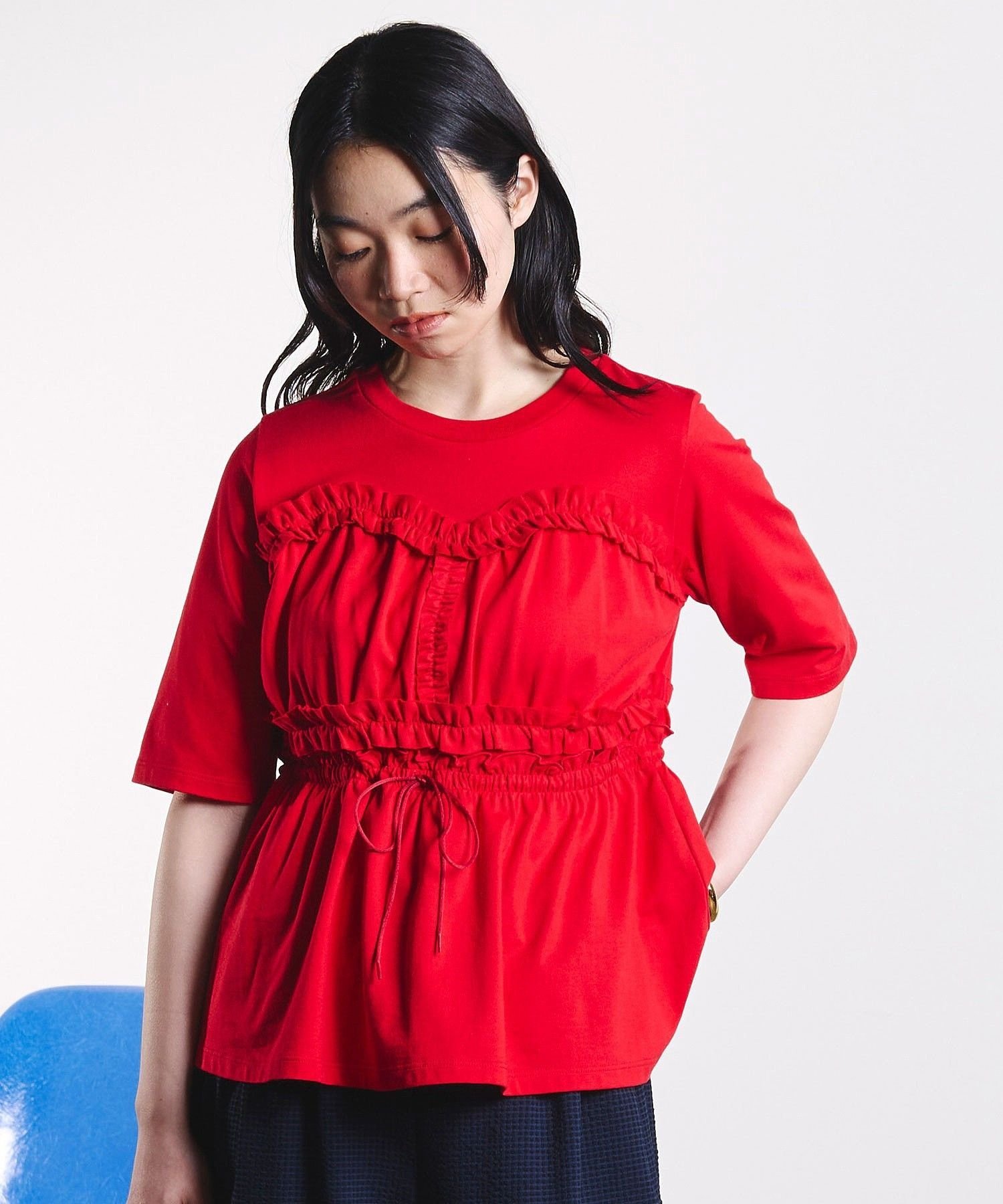 ROSE BUD BUSTIER LIKE TEE ローズバッド トップス カットソー・Tシャツ ブラック レッド