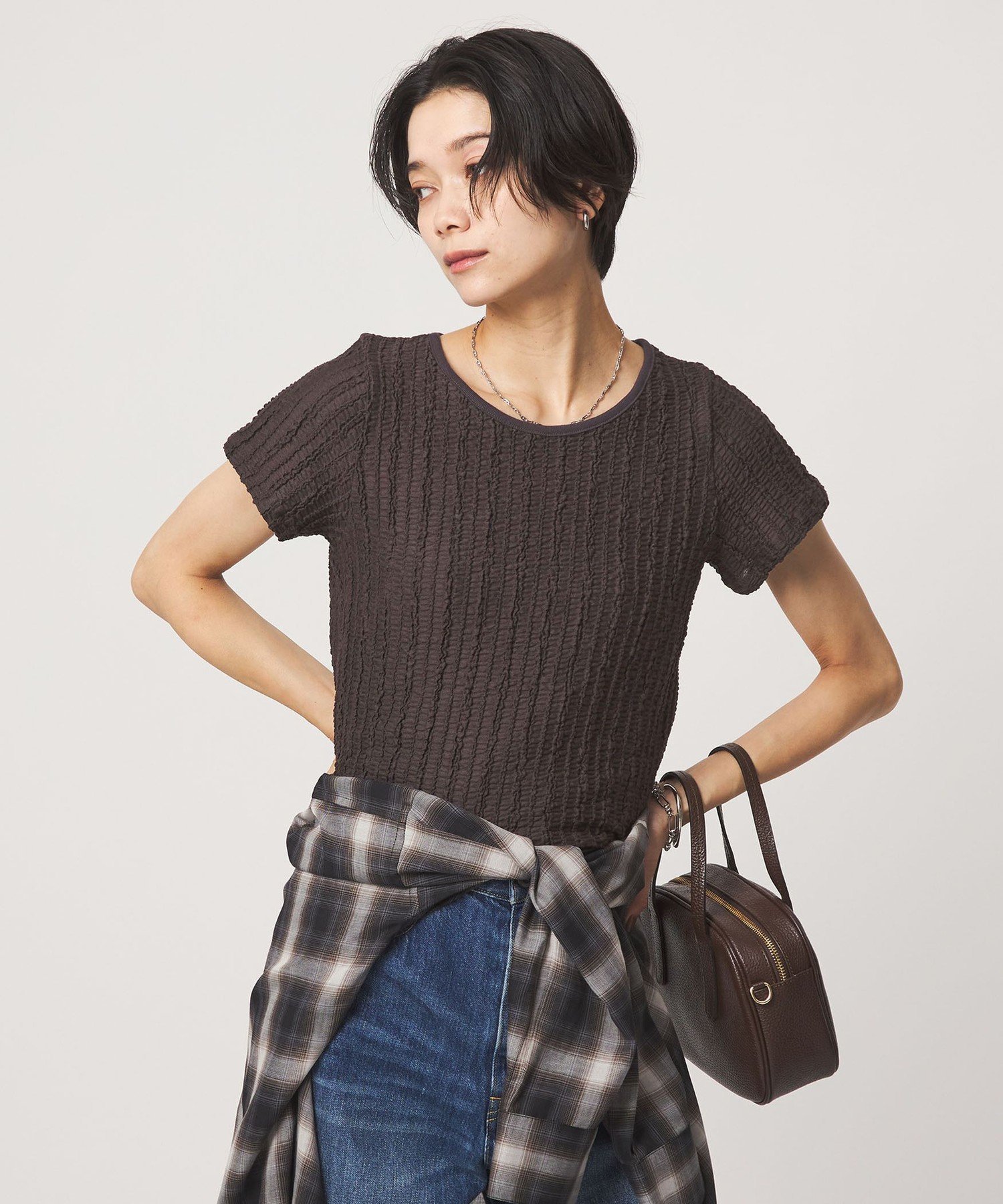 シャーリング Tシャツ ユナイテッドアローズ グリーンレーベルリラクシング トップス カットソー・Tシャツ ブラウン ホワイト