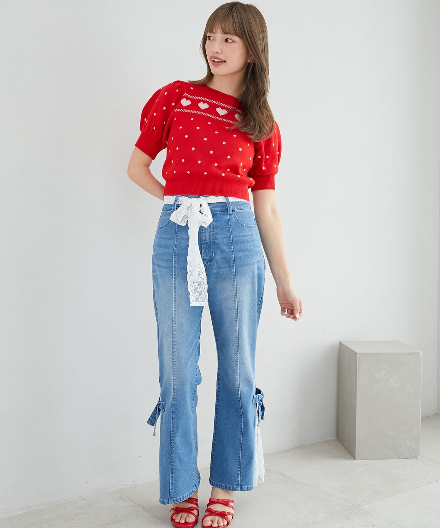MAJESTIC LEGON ハートジャカードパフスリーブニット マジェスティックレゴン トップス ニット レッド ピンク ブルー ネイビー