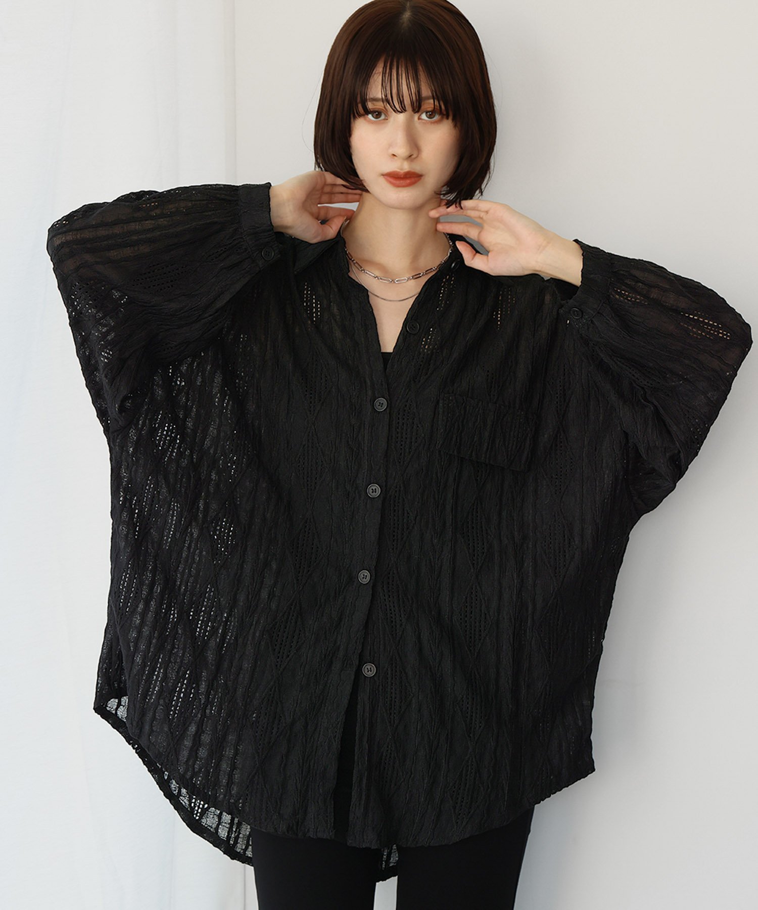 【SALE/24%OFF】Ampirula オーバーシルエットシアージャガードブラウス ガール トップス シャツ・ブラウス ブラック【送料無料】