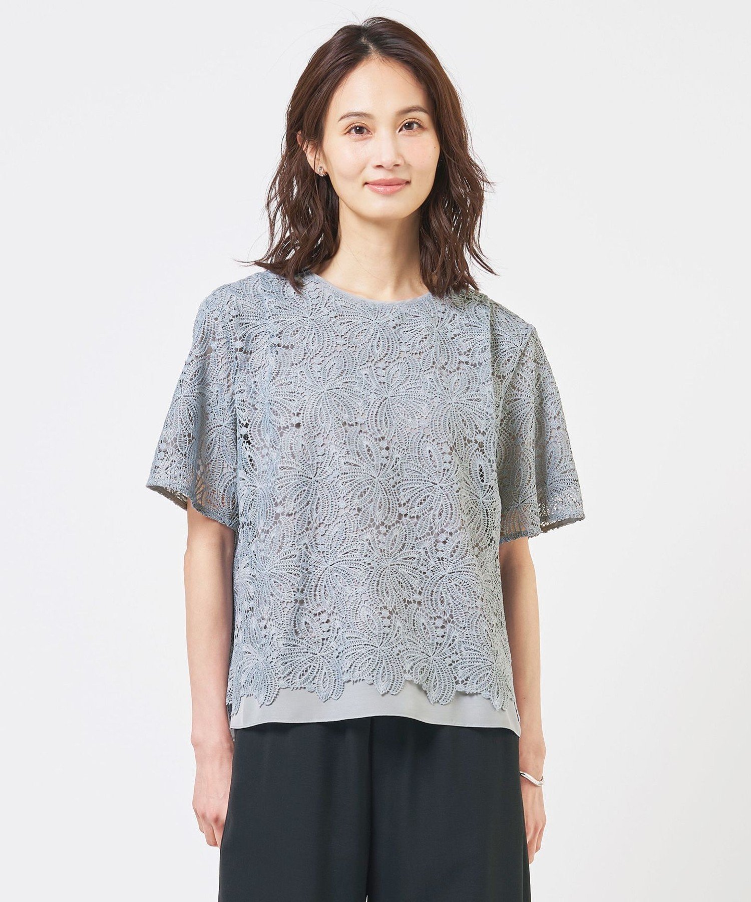 J.PRESS レースコンビジャージー カットソー ジェイプレス トップス カットソー・Tシャツ グレー ブルー ホワイト