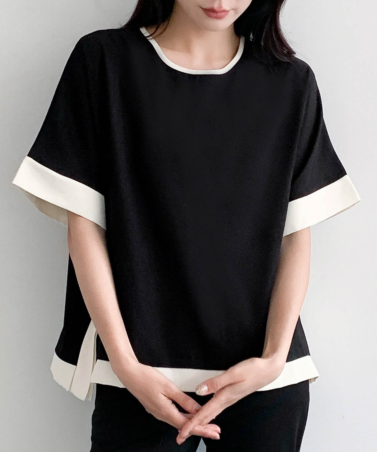 LOWO バイカラー配色オーバーサイズ半袖トップス リバーフィールド アンド コー トップス カットソー・Tシャツ ブラック