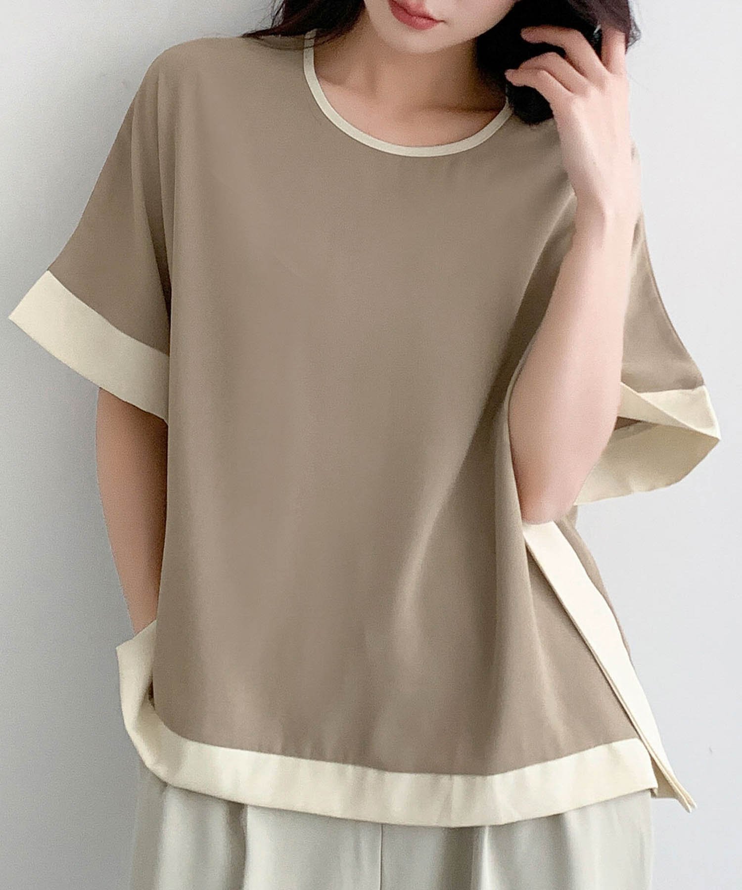 LOWO バイカラー配色オーバーサイズ半袖トップス リバーフィールド アンド コー トップス カットソー・Tシャツ ブラック