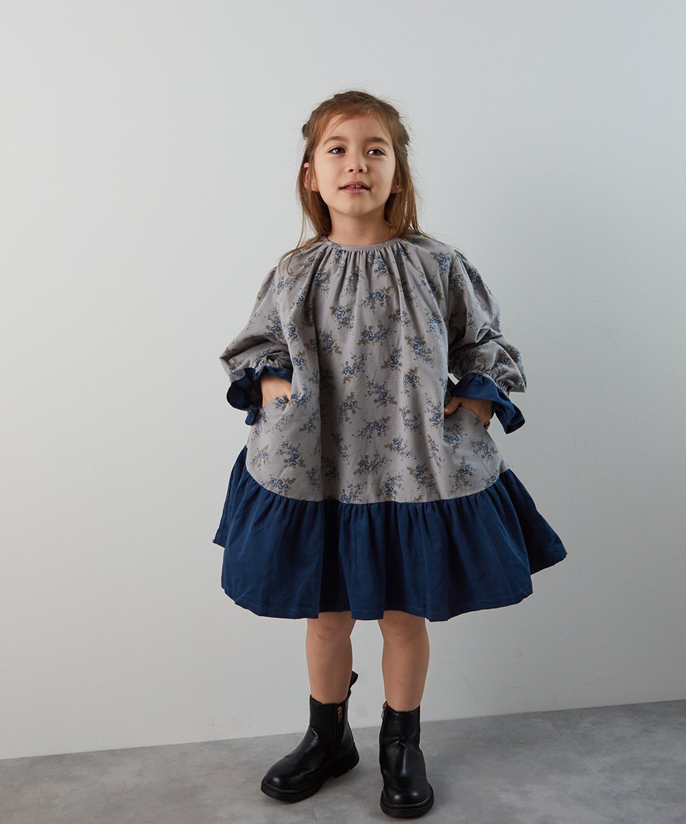 riziere 花柄ドッキングコーデュロイワンピース リジェール ワンピース・ドレス ワンピース ブルー イエローのサムネイル